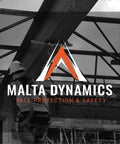 Construction worker wearing full brim hard hat with 4 point ratchet for safety on scaffolding, showing Malta Dynamics logo.