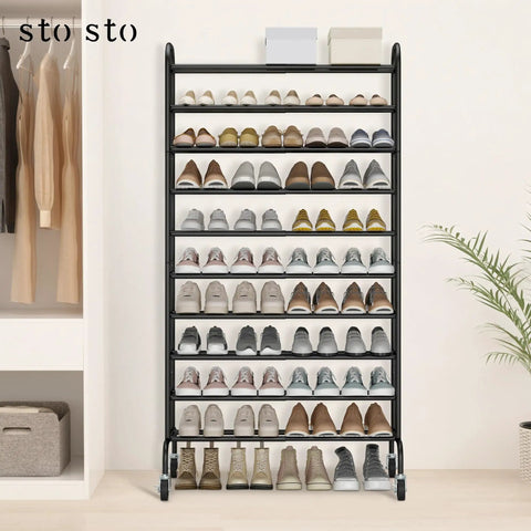 Expandable 10 Tier Metal Shoe Rack Tall Free Standing Organizer For Entryway Or Garage Go To Space Saver Adjustable From 17.7 To 33 Inches Holds Up To 44 Pairs Under Shelf Storage Black