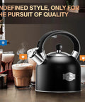 Old School Vintage Style Whistling Tea Kettle With Ergonomic Handle 3.17 Quart Premium Stainless Steel Teapot Chic Black Design