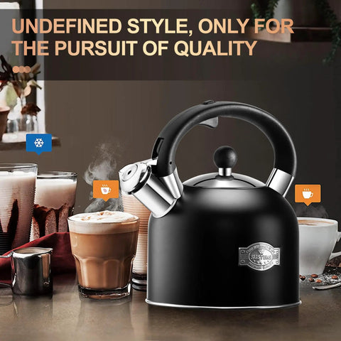 Old School Vintage Style Whistling Tea Kettle With Ergonomic Handle 3.17 Quart Premium Stainless Steel Teapot Chic Black Design