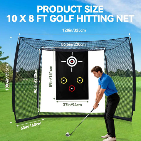 Golfer practicing with Backyard Easy Setup Golf Net With High Definition Impact Screen And Target Cloth 10x8ft