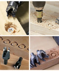 Badass Sharp And Ridiculously Tough Eight Piece Wood Plug Cutter Drill Bit Set With Titanium Coated Carbon Steel in action cutting wood.