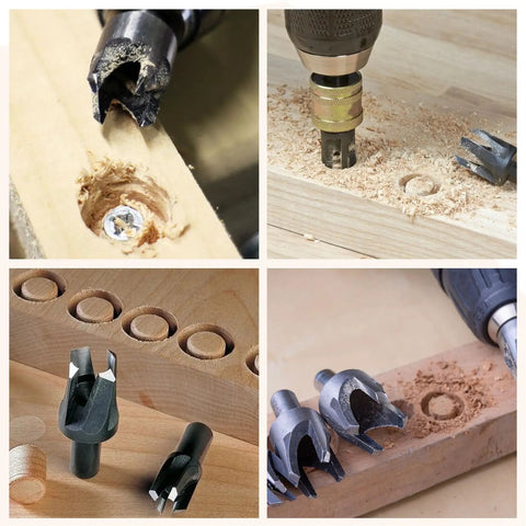 Badass Sharp And Ridiculously Tough Eight Piece Wood Plug Cutter Drill Bit Set With Titanium Coated Carbon Steel in action cutting wood.