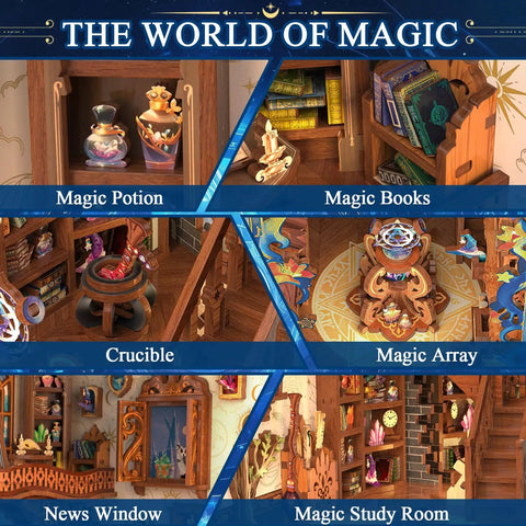 DIY Miniature Book Nook Kit With LED Light, Fantasy Bookstore Scene For Your Shelf featuring magic potions, books, and study room