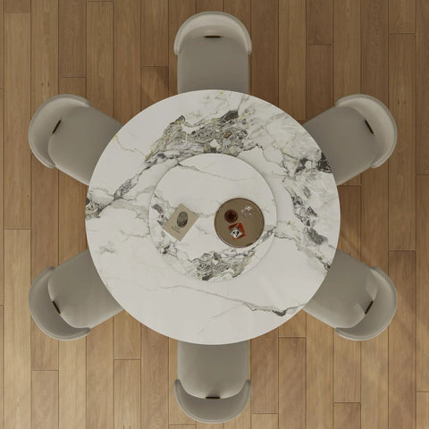 Top Tier 59 Inch Round Sintered Stone Dining Table With Faux Marble Top Easy Spin Lazy Susan view from above with chairs.