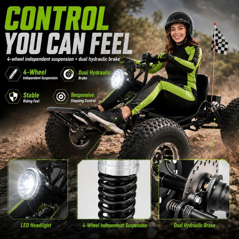 48V Electric All Terrain Go Kart With 20Ah Battery And 4000W Peak Brushless Motor Smooth Power Delivery Hitting 31 Mph Shaft Drive Backyard Beast Weekend Warrior Trail Ready Red, close-up showing 4-wheel suspension and dual brakes.