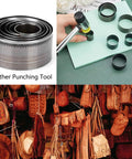 Leather Hole Punch Die Set 7 Piece Round Cutter Kit For Handmade DIY Leather Craft, displayed with leather bags.