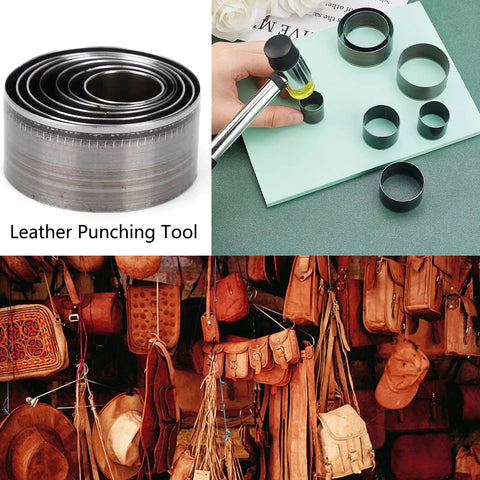 Leather Hole Punch Die Set 7 Piece Round Cutter Kit For Handmade DIY Leather Craft, displayed with leather bags.