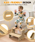 Child happily using Straight Up Solid Two Pack Wooden Step Stool For Toddlers Totally Anti Slip And Super Secure for potty training.