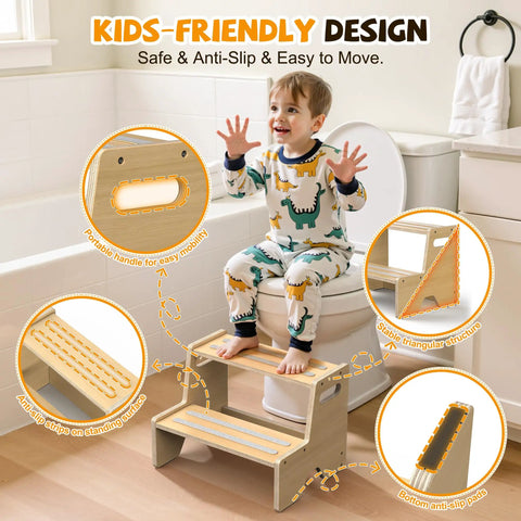 Child happily using Straight Up Solid Two Pack Wooden Step Stool For Toddlers Totally Anti Slip And Super Secure for potty training.