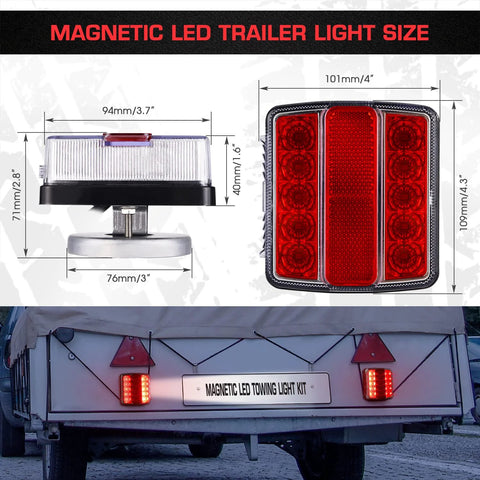 Magnetic LED trailer light kit shown with clear-lens beacon on magnetic base and red LED tail light mounted on a trailer.