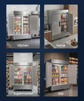 Commercial Reach In Freezer 42 Cubic Foot Upright 54 Inch Wide in kitchen, home, supermarket, and bar settings with double doors.