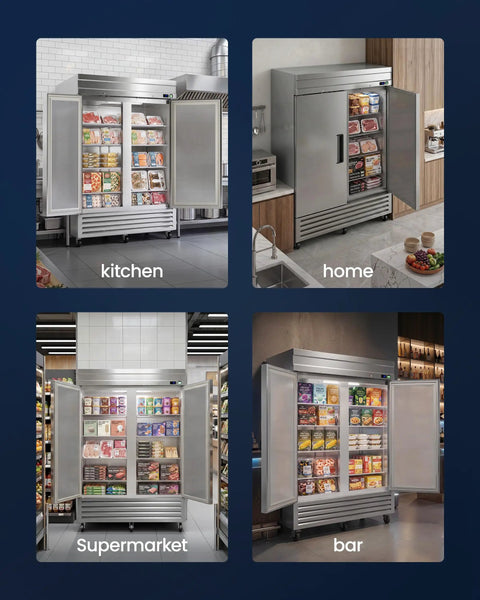 Commercial Reach In Freezer 42 Cubic Foot Upright 54 Inch Wide in kitchen, home, supermarket, and bar settings with double doors.