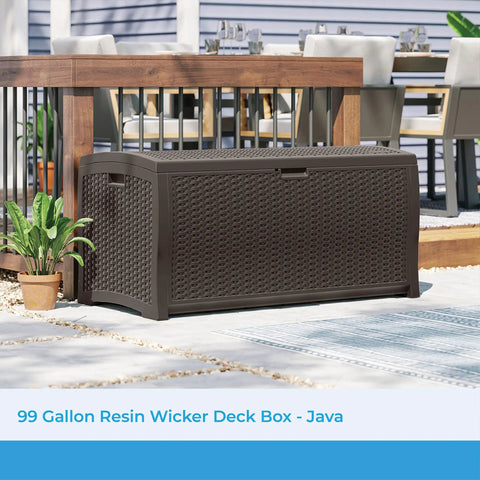 Beefy 99 Gallon Outdoor Wicker Resin Storage Chest With Easy Grip Handles For Patio Garden Garage Or Pool All Weather Mocha Heavy Duty Weatherproof Deck Box For Yard Storage