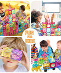 Children playing with Magnetic Tiles Building Blocks Set For Kids 110 Pieces STEM Construction Toy With Dinosaur Figures.