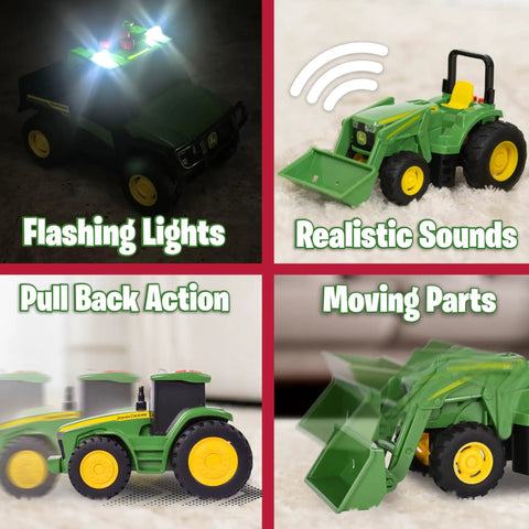 Three Pack Farm Vehicle Set With Lights And Realistic Sounds For Kids, 5 Inch Scale Featuring LED lights, pull-back action, moving parts.