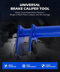 Brake caliper piston compressor tool, blue metal, front view with two hanger hooks