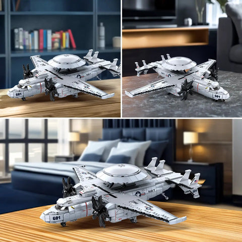 E-2 Hawkeye Military Airplane Building Set 1126 Pieces for adults and teens displayed on tabletop with radar dome and wings.