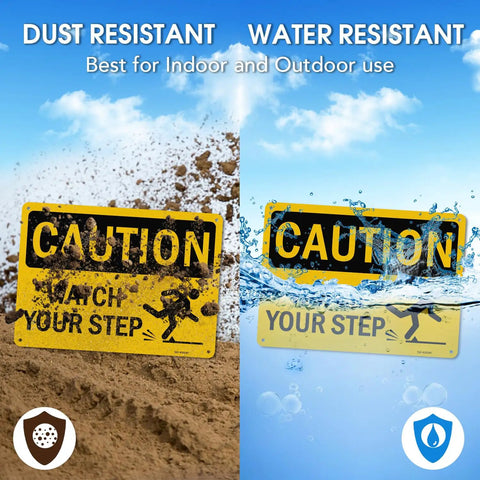 Kickass Caution Watch Your Step Signs 2 Pack 10 X 7 Inch Rust Free Reflective Aluminum Safety Plaque shown in dirt and water.