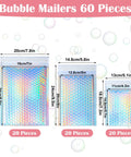 Three sizes of 60 Pack Holographic Bubble Mailers Dope Waterproof Self Seal Foil Glitter Glamour Shipping Envelopes In 3 Sizes