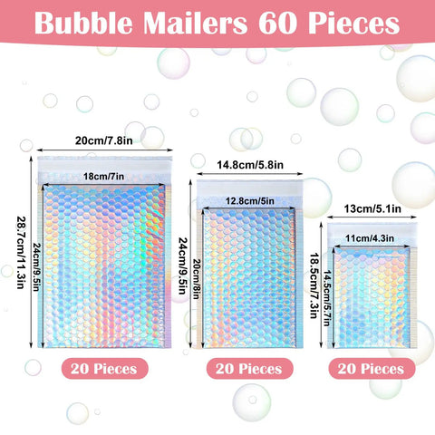 Three sizes of 60 Pack Holographic Bubble Mailers Dope Waterproof Self Seal Foil Glitter Glamour Shipping Envelopes In 3 Sizes