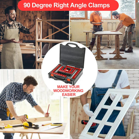 8 Pack Shop Tough Corner Clamps For Woodworking Hold Snug Snap Square Joints With Dead On 90 Degree Right Angle Alignment, shown in action.