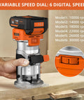 Cordless Wood Router With Brushless Motor, Six Speed Settings From Ten Thousand To Thirty Thousand RPM, 2.5Ah Battery, No-Cord Handy Pocket-Size Trimmer Tool With 1/4-Inch And 3/8-Inch Collets, Great For Detail Work And Cabinet Making. Brushless palm router with variable speed dial
