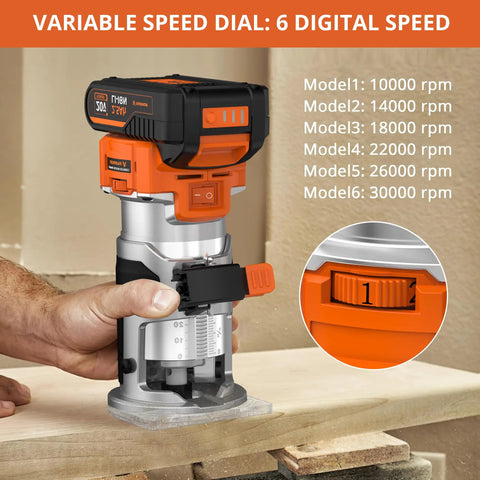 Cordless Wood Router With Brushless Motor, Six Speed Settings From Ten Thousand To Thirty Thousand RPM, 2.5Ah Battery, No-Cord Handy Pocket-Size Trimmer Tool With 1/4-Inch And 3/8-Inch Collets, Great For Detail Work And Cabinet Making. Brushless palm router with variable speed dial