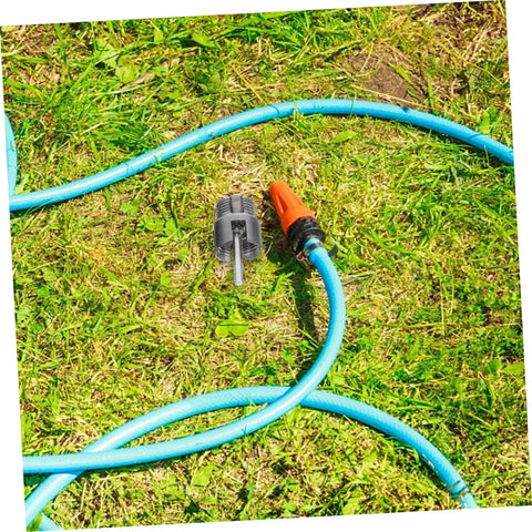 Heavy-Duty 3PC Pipe Threader Tool Kit For Plastic And Metal Water Pipes with a blue hose on grass.
