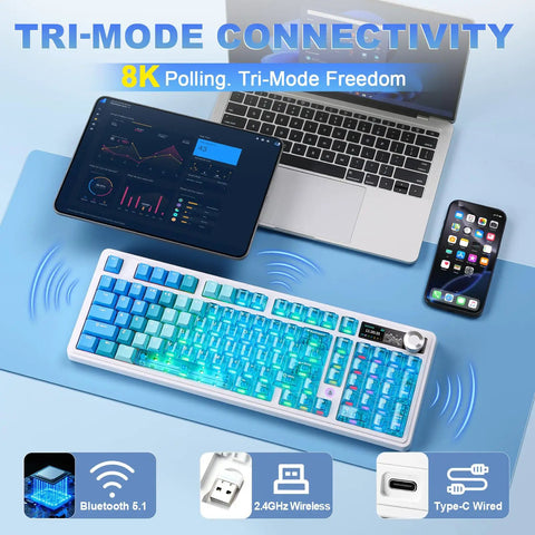 Dual 8K Wireless Mechanical Keyboard With Blue Lychee Switches, Sick Built In TFT Display, Dope Knurled Volume Dial, Win Mac Ready, Premium Fire Gear For Lightning Fast Gameplay with Bluetooth and USB-C connectivity.