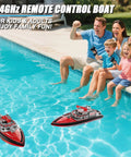 Family playing with Remote Control Fire Rescue Boat For Kids With One Key Water Spray in pool, enjoying summer fun.