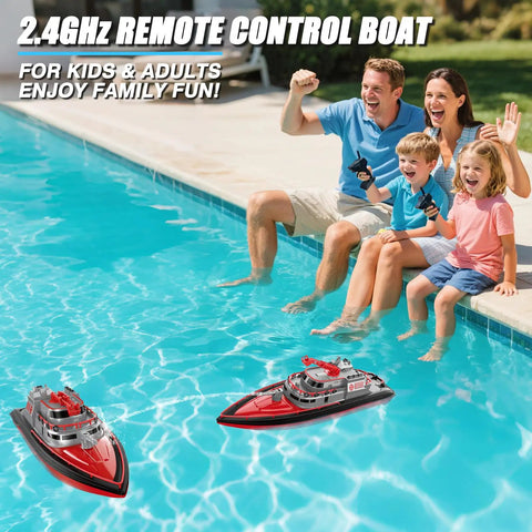 Family playing with Remote Control Fire Rescue Boat For Kids With One Key Water Spray in pool, enjoying summer fun.