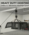 Double Pulley Block 50mm With 316 Stainless Steel Heavy Duty 880 Lb Capacity Silent Nylon Wheels hoisting a garage panel.