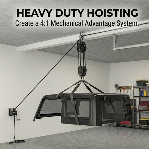 Double Pulley Block 50mm With 316 Stainless Steel Heavy Duty 880 Lb Capacity Silent Nylon Wheels hoisting a garage panel.