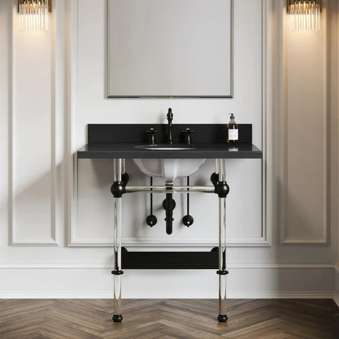Heritage Widespread Lavatory Faucet In Oil Rubbed Bronze With Metal Cross Handles, 8 To 16 Inch Adjustable Center, Deck Mounted 3 Hole Installation, Solid Brass Construction, 1.2 GPM Flow installed on a modern black vanity in a stylish bathroom setting.