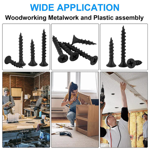 155 Piece Black Oxide Wood And Drywall Screw Assortment Kit With Phillips Countersunk Heads used in various applications.