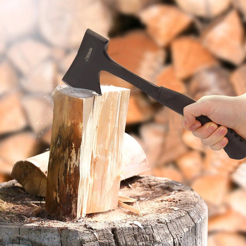Durable Camping Hatchet Full Tang Axe For Wood Splitting Kindling And Campfire Chops Forged Carbon Steel Blade in use