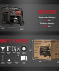 14,000 Watt Dual Fuel Portable Inverter Generator with remote start, dimensions and accessories box contents shown.
