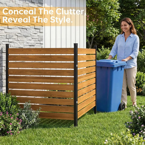 Woman placing trash can behind Two Panels Wood Privacy Screen For Garden And Patio 41 By 38 Inches No Dig Outdoor Privacy Wall