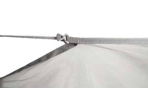 Close-up of clip on Dragonfly Insect Net For Hammocks, 360 Degree Mosquito Shield, Granite Gray Cocoon Shelter.