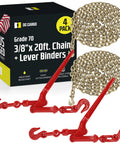 Heavy Duty Ratcheting Chain Binder Kit For 3/8 Inch Grade 70 Extra Long 20 Foot Chain With Load Binder Set Built For Tough Towing 6600 Lb Working Load Limit Forged Steel Construction shown with chains and lever binders.