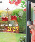 Window Hummingbird Feeder with Strong Suction Cup for Outdoors, showing birds feeding with a woman observing from a patio view.