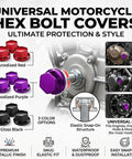 Badass Universal Motorcycle Bolt Covers in anodized red, purple, and gloss black; 30 pack hexagon metal engine nut caps for bikes.