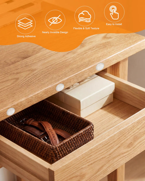 200 Piece Clear Silicone Cabinet Bumpers With Sticky Self Adhesive Backing For Dead Quiet Drawers And Smooth Furniture Glide on wooden drawer.