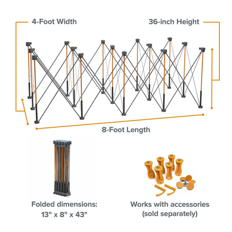 Portable Folding Workbench frame structure, 4x8 ft and 36 in high, heavy-duty design. Portable Folding Workbench for Garage and Shop, Heavy Duty 6000lb Capacity, 4x8 ft Work Surface, 36 Inch High Collapsible Table With Carry Strap, Quick Setup, Sturdy Woodworking Stand for DIY Projects.
