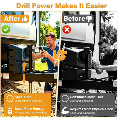 Comparison of using Trailer Drill Jack Adapter With 1 Inch Drive Shaft Impact Tool Adapter For Top Wind Jacks for easy lifting.