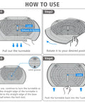 Instruction diagram for Refrigerator Square Lazy Susan Turntable Organizer with lock mechanism and rotation steps.
