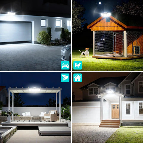 Ultra Bright Solar Motion Flood Light Outdoor Waterproof With 416 LEDs illuminating garage, dog house, patio, and entrance