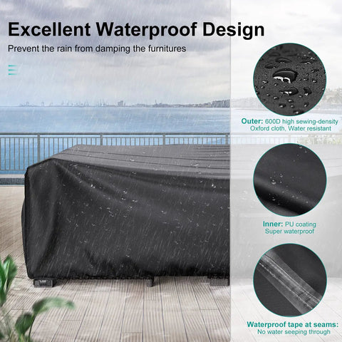 Heavy Duty Waterproof Patio Furniture Covers For Outdoor Sectional Sofa Sets And Table And Chair Sets Fits Up To 6-8 Chairs 108 In L By 82 In W By 28 In H All Weather Protection Year Round, showing rainproof design and fabric layers.