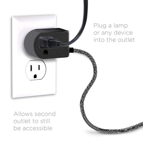 Six Foot Braided Extension Cord With On Off Switch For Lamps And Holiday Lights plugged into wall outlet